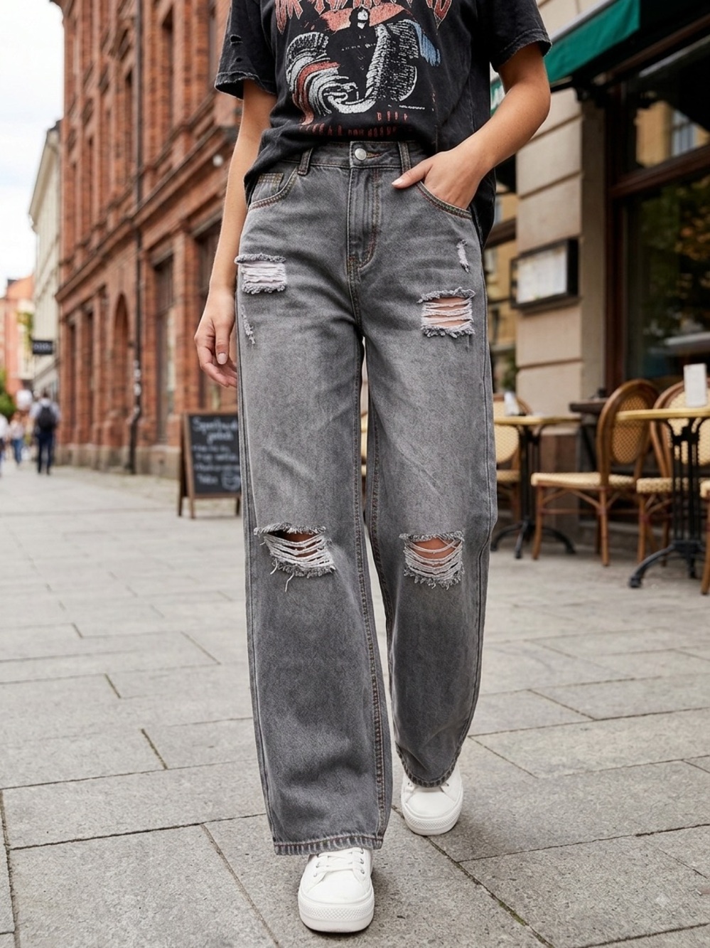 POL Distressed High-Rise Wide-Leg Jeans - Grey